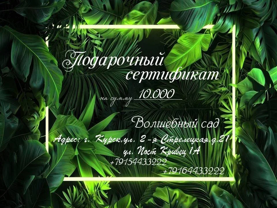 Подарочный сертификат «Волшебный сад», дизайн «Тропики»